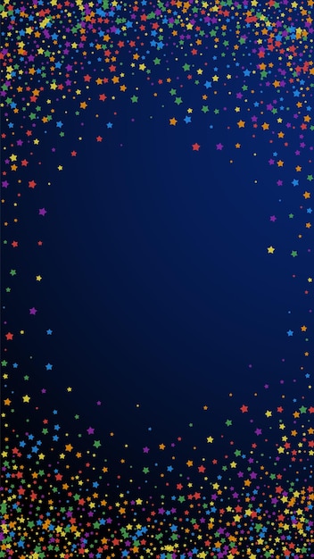 Confeti festivo de fantasía. Estrellas de celebración. Estrellas brillantes del arco iris sobre fondo azul oscuro. Obteniendo plantilla de superposición festiva. Fondo de vector vertical.