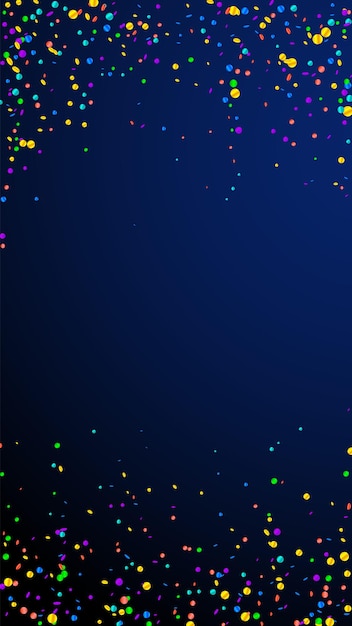 Confeti festivo increíble. Estrellas de celebración. Confeti brillante sobre fondo azul oscuro. Plantilla de superposición festiva atractiva. Fondo de vector vertical.