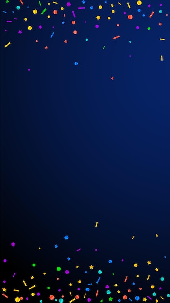 Confeti festivo valioso. Estrellas de celebración. Confeti festivo sobre fondo azul oscuro. Obteniendo plantilla de superposición festiva. Fondo de vector vertical.