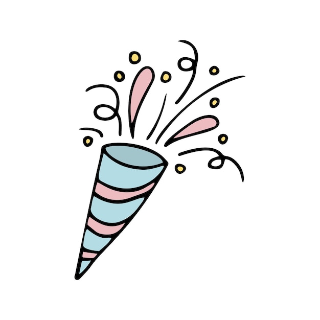 Confeti y fuegos artificiales de color dibujados a mano. Ilustración de vector de Doodle.
