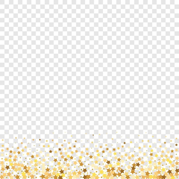 Confeti de lentejuelas estrella sobre fondo transparente. Plantilla de tarjeta de regalo de cupón. Marco de fiesta de Navidad. Tarjeta de cumpleaños plana aislada. Bandera de estrellas doradas. Brillo de oro vectorial. Partículas que caen en el suelo.