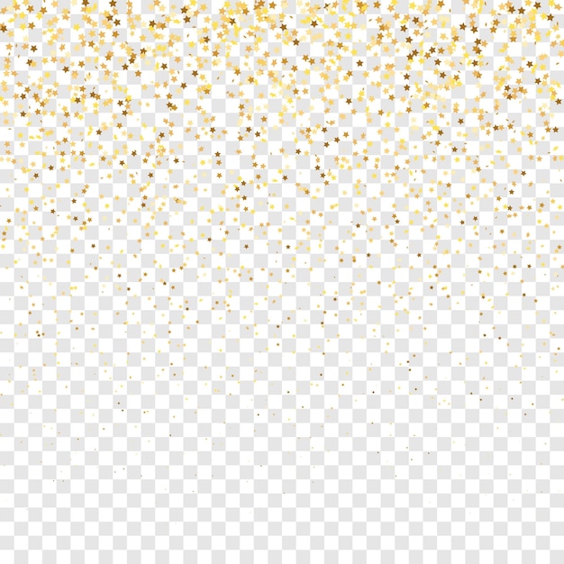 Confeti de lentejuelas estrella sobre fondo transparente. Tarjeta de cumpleaños plana aislada. Bandera de estrellas doradas. Brillo de oro vectorial. Partículas que caen en el suelo. Marco de fiesta de Navidad. Plantilla de tarjeta de regalo de cupón.