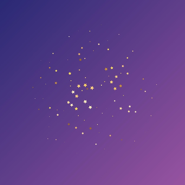 Confeti de lentejuelas de estrellas sobre fondo morado neón. Plantilla de tarjeta de regalo de cupón. Marco de fiesta de Navidad. Brillo de oro vectorial. Partículas que caen en el suelo. Tarjeta de cumpleaños plana aislada. Bandera de estrellas doradas.