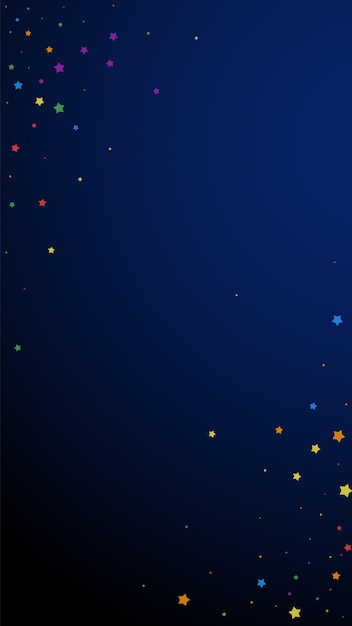 Confeti magnético festivo. estrellas de celebración. estrellas alegres sobre fondo azul oscuro. plantilla de superposición festiva fina. fondo de vector vertical.