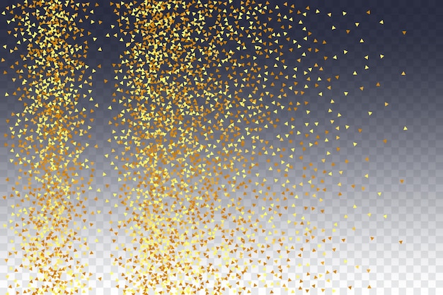 Confeti de oro en rojo. Partículas aisladas de polvo de oro. Frontera de papel de aluminio. Fondo de aniversario geométrico. Tarjeta de cumpleaños fluida. Fondo de novia aleatorio. Bokeh redondo vectorial. Fondo irisado abstracto.