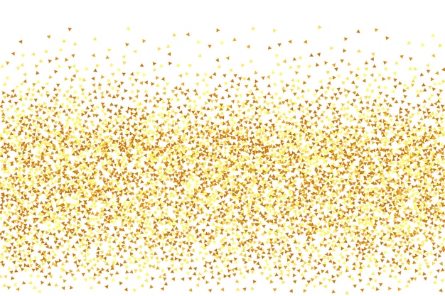 Confeti de oro sobre fondo blanco. Partículas aisladas de polvo de oro. Tarjeta de cumpleaños irisante abstracta. Telón de fondo de novia aleatorio. Borde de lámina. Bokeh redondo vectorial. Telón de fondo de aniversario geométrico.