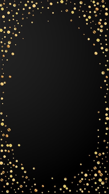 Confeti precioso festivo. Estrellas de celebración. Confeti de oro escaso sobre fondo negro. Plantilla de superposición festiva favorable. Fondo de vector vertical.