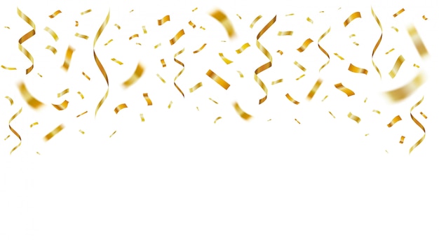Confeti realista brillante oro. celebración de papel dorado volando confeti decoración de fiesta para aniversario. plantilla de cintas festivas cayendo. serpentina de papel amarillo para tarjeta de cumpleaños sorpresa