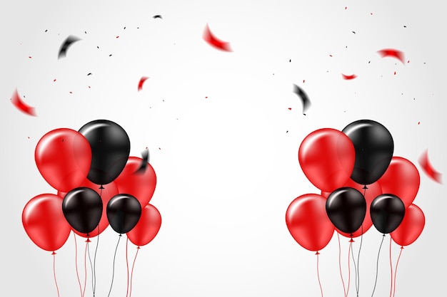 Confeti Rojo Y Negro Con Globo Sobre Fondo Blanco. Celebración Y Fiesta De Cumpleaños. gran apertura