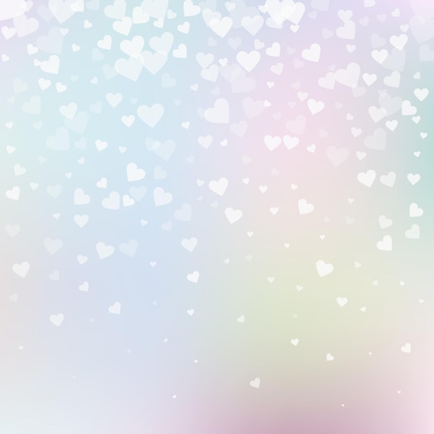 Confettis de amor de corazón blanco. Fondo divertido del gradiente del día de San Valentín. Confeti de corazones transparentes cayendo sobre fondo delicado. Exquisita ilustración vectorial.