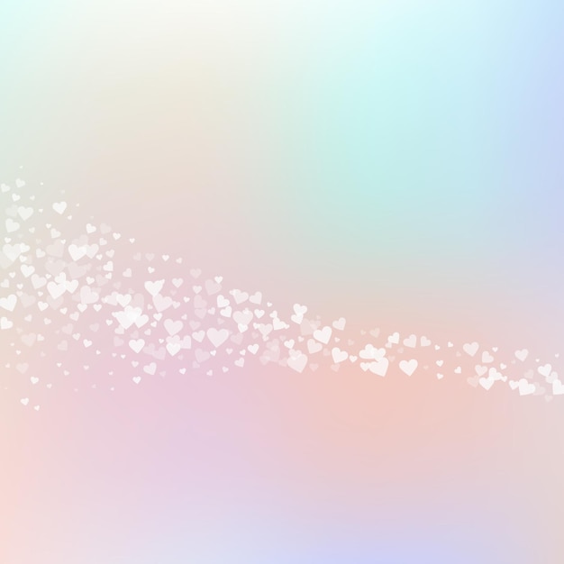 Confettis de amor de corazón blanco. Fondo fino del cometa del día de San Valentín. Confeti de corazones transparente cayendo sobre fondo suave. Ilustración vectorial delicada.