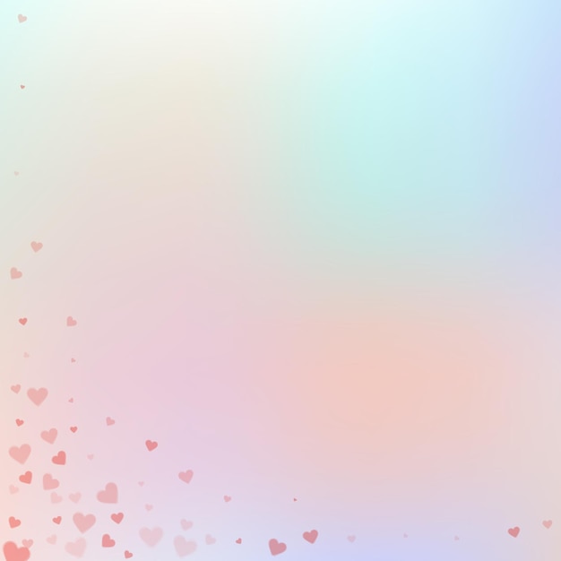 Confettis de amor de corazón rojo. Fondo encantador de la esquina del día de San Valentín. Confeti de corazones transparentes cayendo sobre fondo delicado. Encantadora ilustración vectorial.