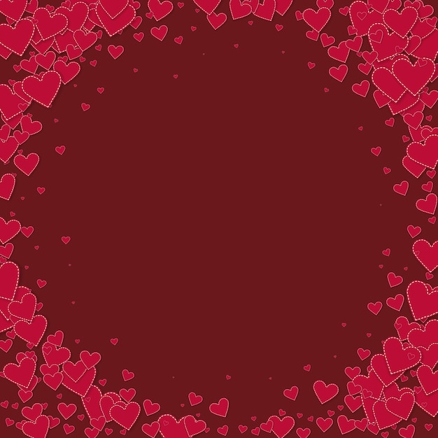 Confettis de amor de corazón rojo. Fondo hermoso de la viñeta del día de San Valentín. Caída de confeti de corazones de papel cosido sobre fondo marrón. Ilustración vectorial extraordinaria.