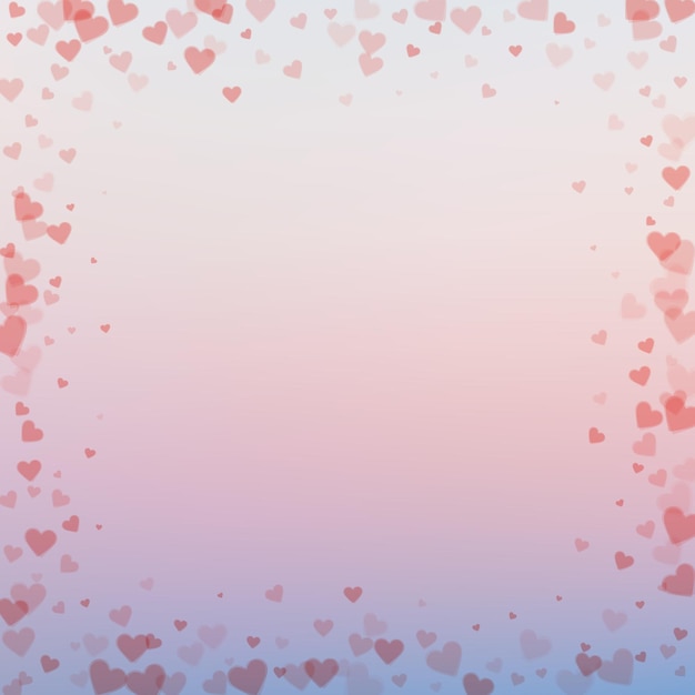 Confettis de amor de corazón rojo. Fondo de marco de día de San Valentín. Confeti de corazones transparentes cayendo sobre fondo degradado. Encantadora ilustración vectorial.