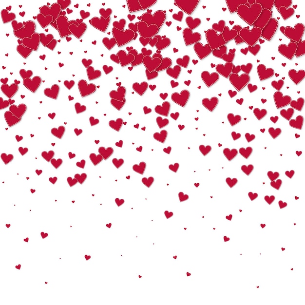 Confettis de amor de corazón rojo. Gradiente de fondo inigualable del día de San Valentín. Caída de confeti de corazones de papel cosido sobre fondo blanco. Ilustración vectorial exótica.