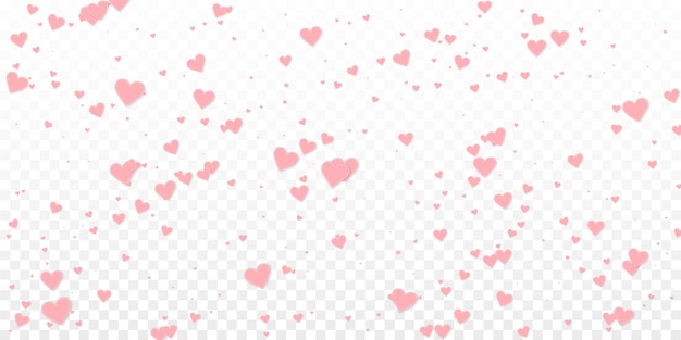 Confettis de amor de corazón rosa. Fondo simétrico de la lluvia que cae del día de San Valentín. Caída de confeti de corazones de papel cosido sobre fondo transparente. Ilustración de vector emocional.
