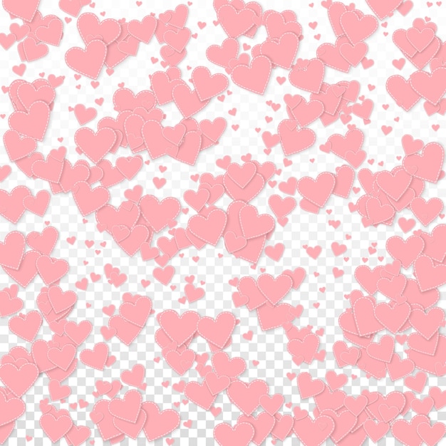 Confettis de amor de corazón rosa. Gran fondo del patrón del día de San Valentín. Caída de confeti de corazones de papel cosido sobre fondo transparente. Ilustración vectorial adicional.