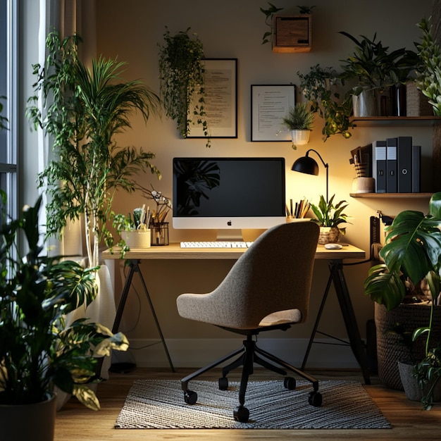 Configuración acogedora de la oficina en el hogar