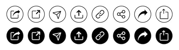 Configuración de botones de compartición Configuración del icono de compartición aislado en fondo blanco Configuración do icono en estilo plano y contorno Ilustración vectorial