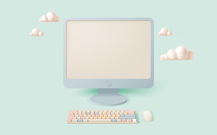 Vector configuración de computadora minimalista moderna con decoración en la nube