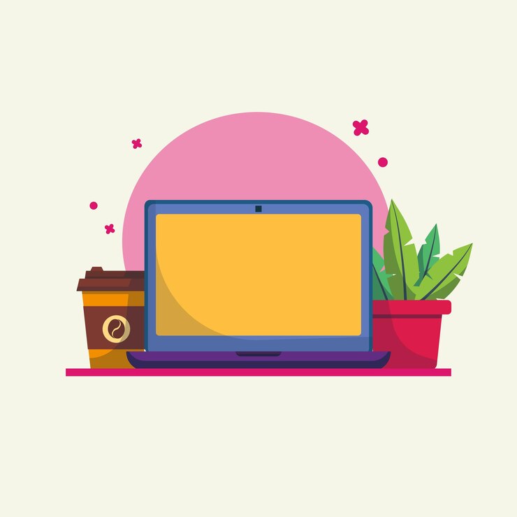 Vector configuración de computadora portátil con taza de café e ilustración de planta en maceta