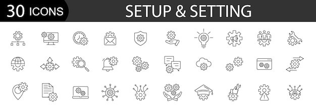 Configuración y configuración de iconos de líneas delgadas para el diseño de marketing de sitios web Ilustración vectorial