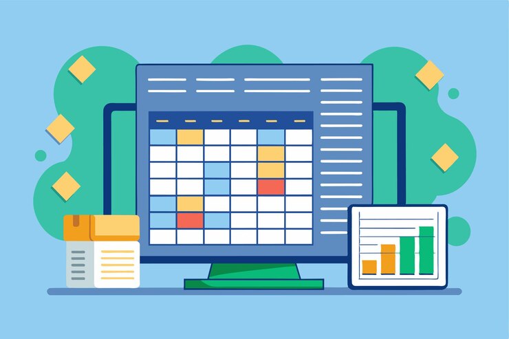 Vector una configuración digital muestra hojas de cálculo personalizables en una computadora y una tableta para una gestión efectiva de datos hojas de cálculo personalizadas ilustración desproporcionada