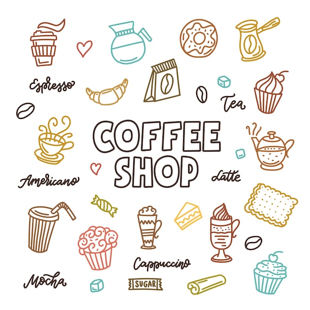 Configuración de elementos de arte de garabateo de cafetería Ilustración vintage vectorial