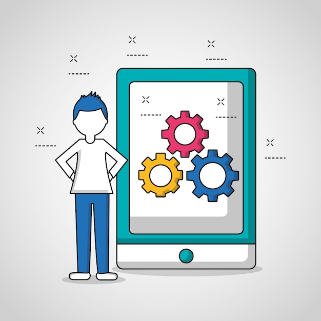 configuración de engranajes de pantalla de smartphone de chico de trabajo en equipo de gente