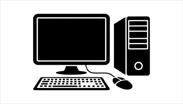 Configuración de escritorio de computadora negra con teclado de monitor y icono de ratón vectorial