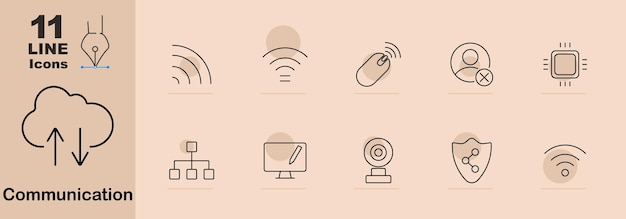 Configuración de icono de comunicación Almacenamiento en la nube ratón wifi contactos procesador monitor de red webcam seguridad conexión a la tecnología de internet señal dispositivo de protección digital en línea