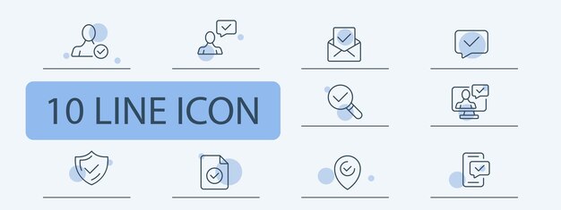 Configuración del icono de confirmación Marca de comprobación Escáner de huellas dactilares de contraseña de teléfono inteligente Mensaje de archivo Estilo de icono de 10 líneas Icono de línea vectorial para negocios y publicidad