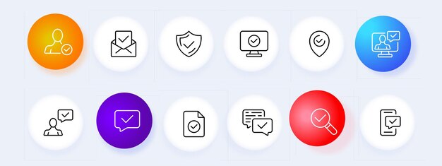 Configuración del icono de confirmación Marca de verificación Etiqueta GPS Contactos búsqueda de información de archivo Verificación de cuenta verificada Estilo de neomorfismo Icono de línea vectorial para negocios y publicidad