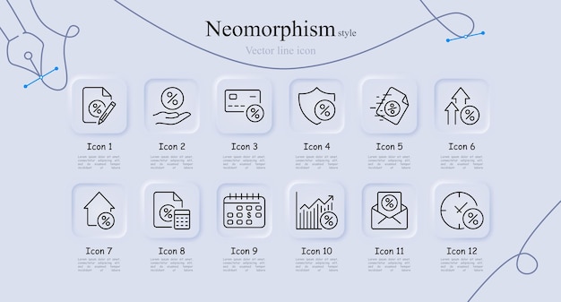 Configuración del icono de la línea bancaria Interés de archivo Préstamo de mano Tarjeta de crédito Escudo de depósitos Seguridad Estilo de Neomorfismo Icono de línea vectorial para negocios