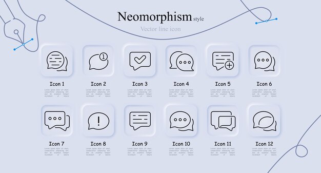 Configuración del icono de la línea de mensaje Marca de comprobación de la burbuja de diálogo Notificación de correspondencia SMS Internet Estilo de neomorfismo Icono de línea vectorial para empresas