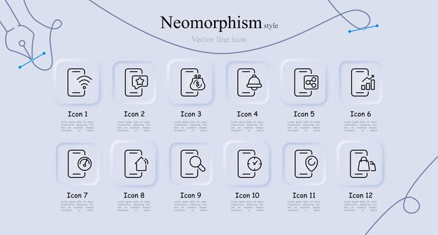 Configuración del icono de línea de teléfono inteligente Busca de comprobación de velocidad Reloj de lupa aplicación de conexión de comunicación para el hogar inteligente Estilo de Neomorfismo Icono de línea vectorial para negocios