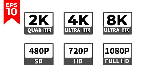 Configuración del icono de la resolución de la pantalla símbolo del tamaño del monitor hd fhd uhd 4k 8k ilustración vectorial de la pantalla