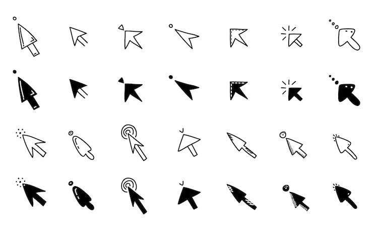 Vector configuración de iconos de clic de doodle botón de cursor de ratón dibujado a mano puntador de flecha digital para aplicación de computadora de sitio web