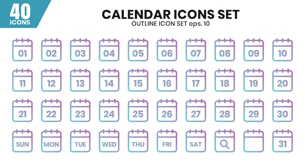 Configuración de iconos de contorno de gradiente del calendario Ilustración vectorial