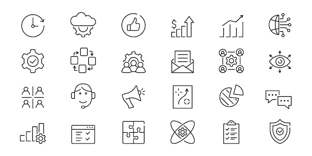 Configuración de iconos de gestión de relaciones con el cliente Comunicación de clientes de servicio Base de datos de marketing Vector