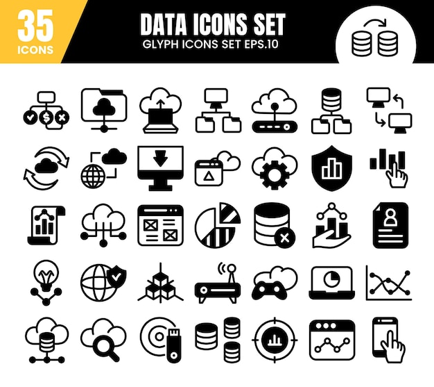 Configuración de iconos de glifos de la base de datos Análisis de datos Estadísticas de análisis Señales web Ilustración vectorial