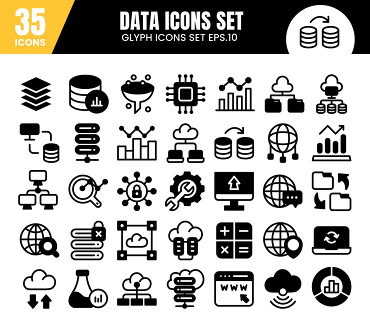 Vector configuración de iconos de glifos de la base de datos análisis de datos estadísticas de análisis señales web ilustración vectorial