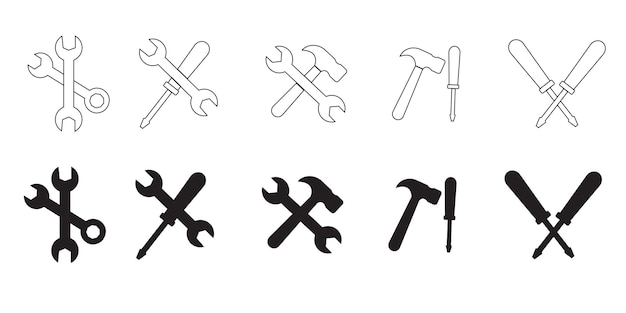 Configuración de iconos de herramientas y servicios icona de destornillador de llave y icona de engranaje icona de glifo de destornilador y llave Configuración y señal de servicio de reparación vector de stock