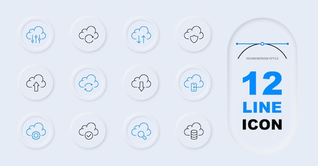 Configuración de iconos de línea de almacenamiento en la nube Almacenamiento de información Sincronización de archivos Datos Estilo de neomorfismo Icono de línea vectorial para empresas