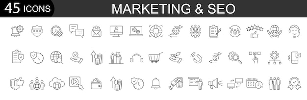 Configuración de iconos de línea de marketing y SEO Análisis de estrategia de contenido de correo del sitio web Desarrollo de búsqueda Vector