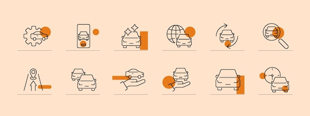Configuración de iconos de línea de servicio y mantenimiento de automóviles Reparación de automóviles Servicio móvil Lavado Servicio global Rotación de búsqueda de rutas Flota de navegación Reloj de limpieza de automóviles de mano