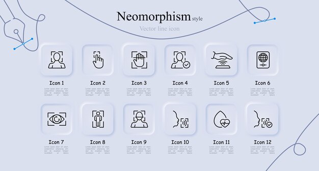 Configuración de iconos de líneas biométricas Huellas dactilares identificación de pasaporte control facial huellas dactileras reconocimiento facial escaneo de retina estilo Neomorfismo icono de línea vectorial para negocios
