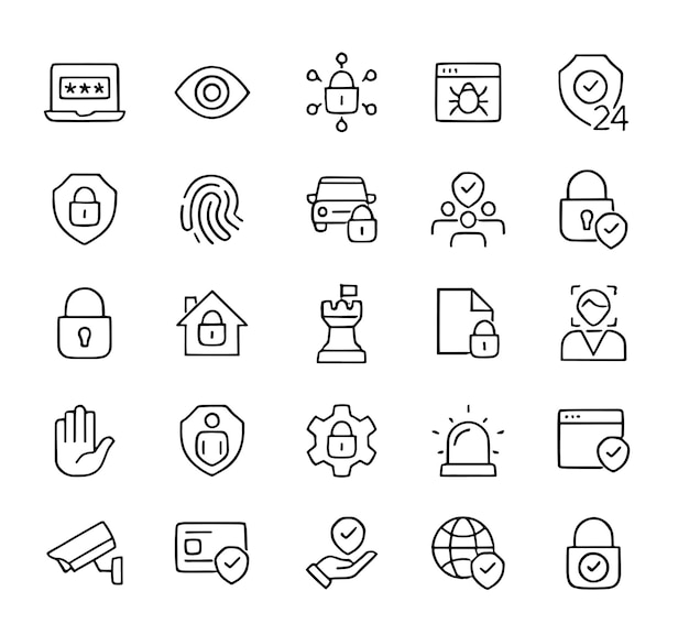 Configuración de iconos de líneas delgadas de seguridad y protección Ilustración vectorial en el estilo moderno de línea delgada de editab