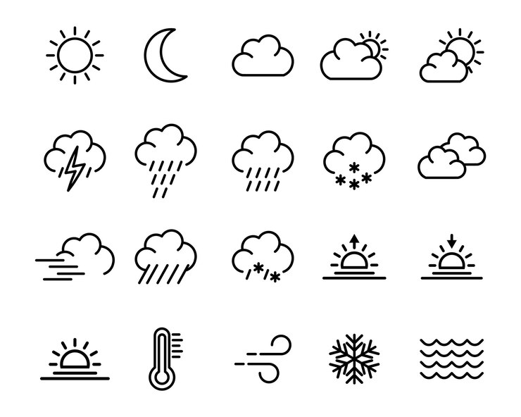 Configuración de iconos meteorológicos Estilo lineal Colección de logotipos y señales de nubes Icono web de esquema de pronóstico meteorológico
