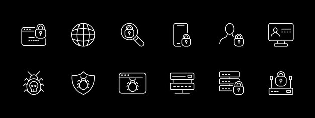 Configuración de íconos de seguridad Modem bug código de virus programación monitor planeta teléfono inteligente lupa Ícono de línea blanca en fondo negro Ícono de línea vectorial para negocios y publicidad